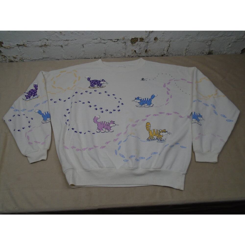 Vintage 90s Lifestyles Cool Cats All Over Print Colorful Sweatshirt Crewneck OS